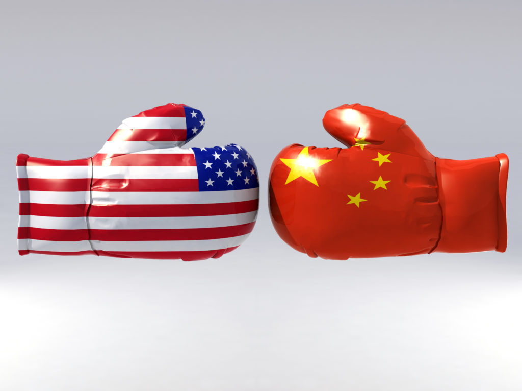 Boxing gloves with Usa and China flag, 3d illustration