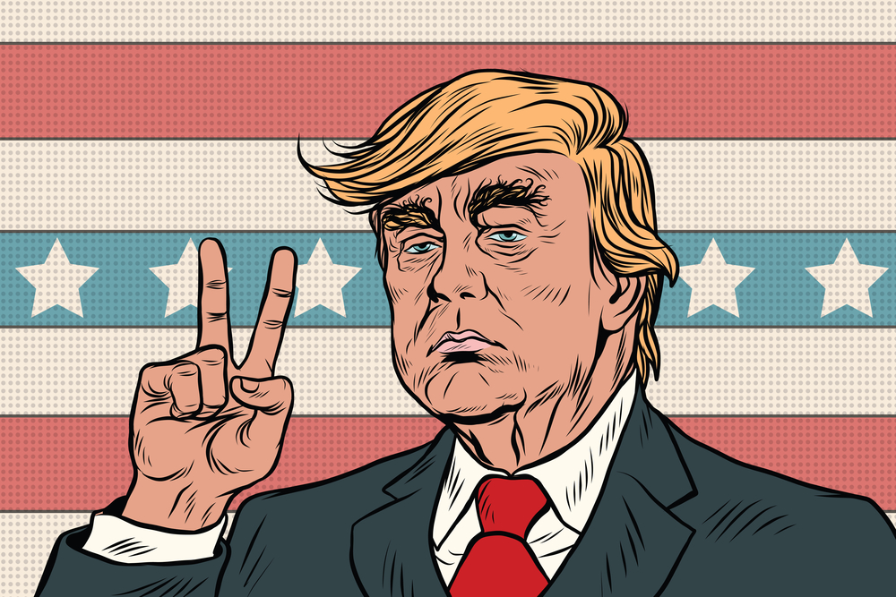 Donald Trump President of the United States, gesture of victory. Pop art vintage retro cartoon illustration vector